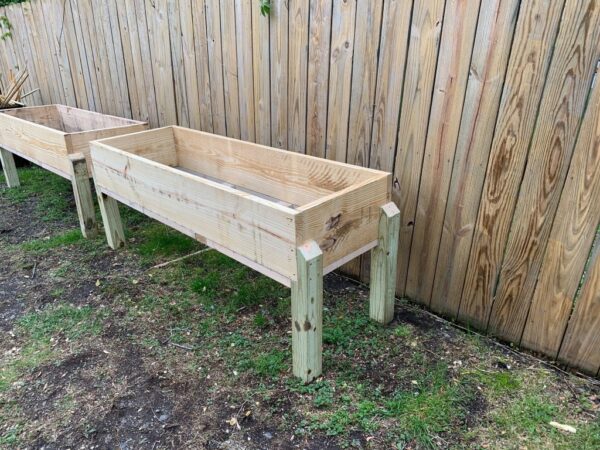 Raised garden planter in fenced garden.