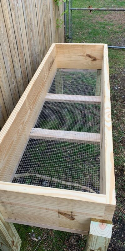 View of interior mesh screen of raised garden planter.